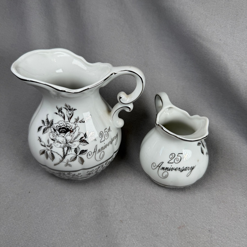 Napco 25th Anniversary Pitcher Set Unisex Small White Silver Vintage Rose AB-185